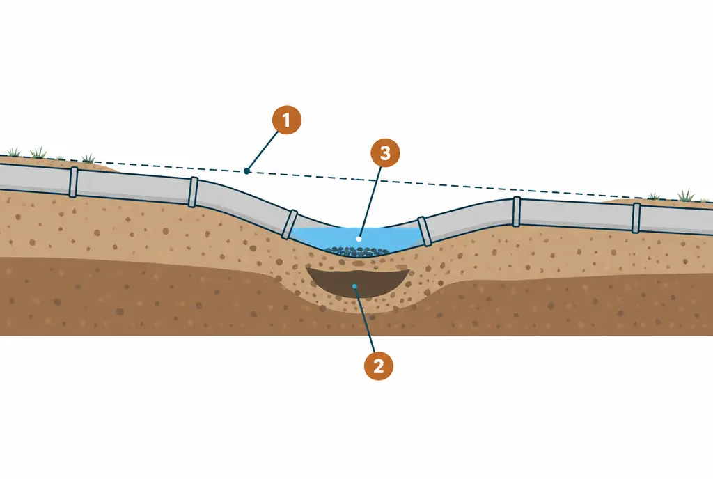 Diagram: side view of a sewer lateral with a section sagging below the intended grade line, a void in the settled soil beneath it, and standing water with settled solids in the low spot
