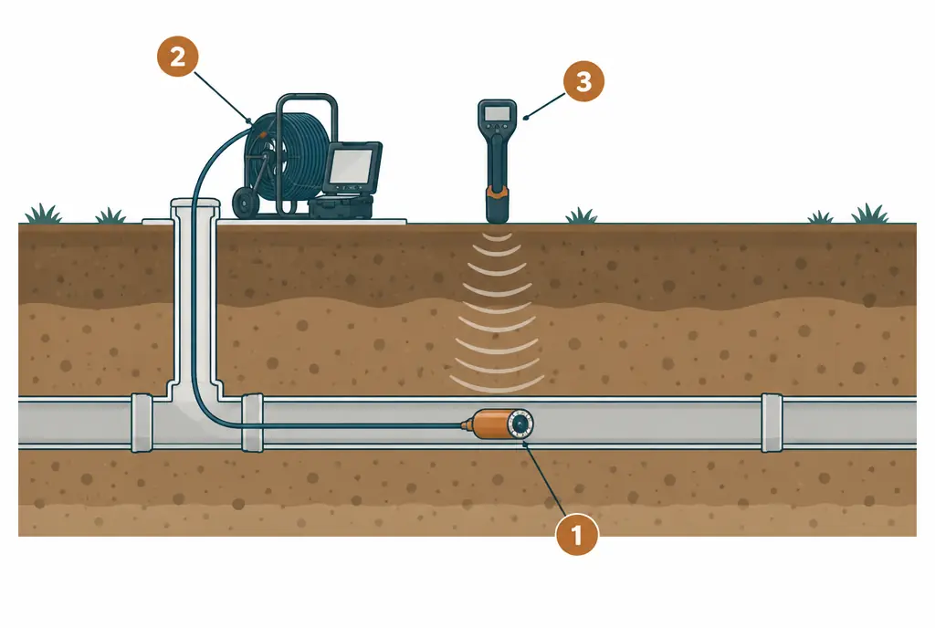 Diagram: cross-section with a camera head carrying a transmitter inside a sewer lateral, its push cable running up through a cleanout to a reel and monitor, and a handheld locator above ground over the camera head