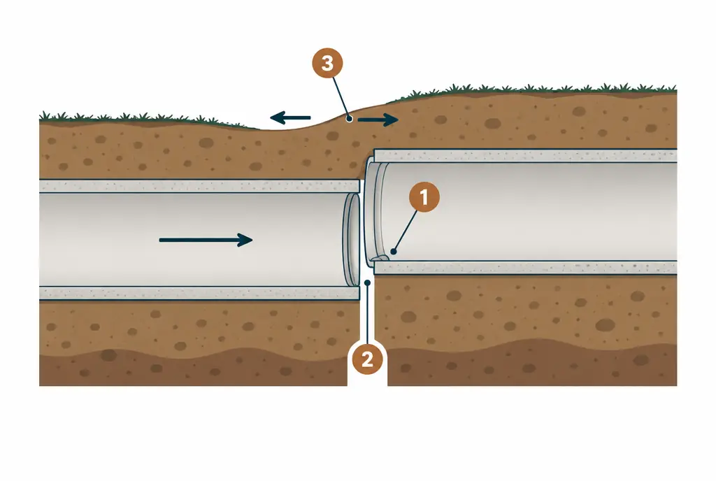 Diagram: cutaway of two pipe sections meeting at a joint where one has shifted lower, forming a step facing the flow and a gap at the top, with arrows showing ground movement