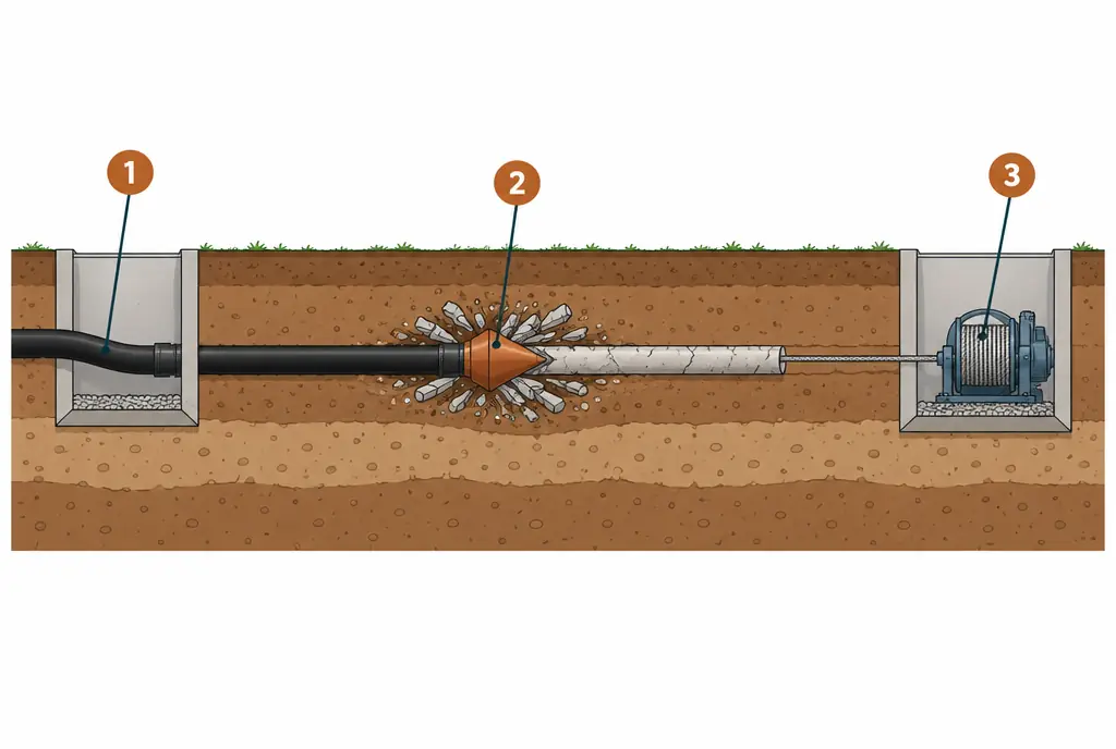 Diagram: cross-section of a yard with an entry pit where new HDPE pipe enters, a bursting head breaking the old pipe in the ground, and an exit pit with a winch pulling the cable