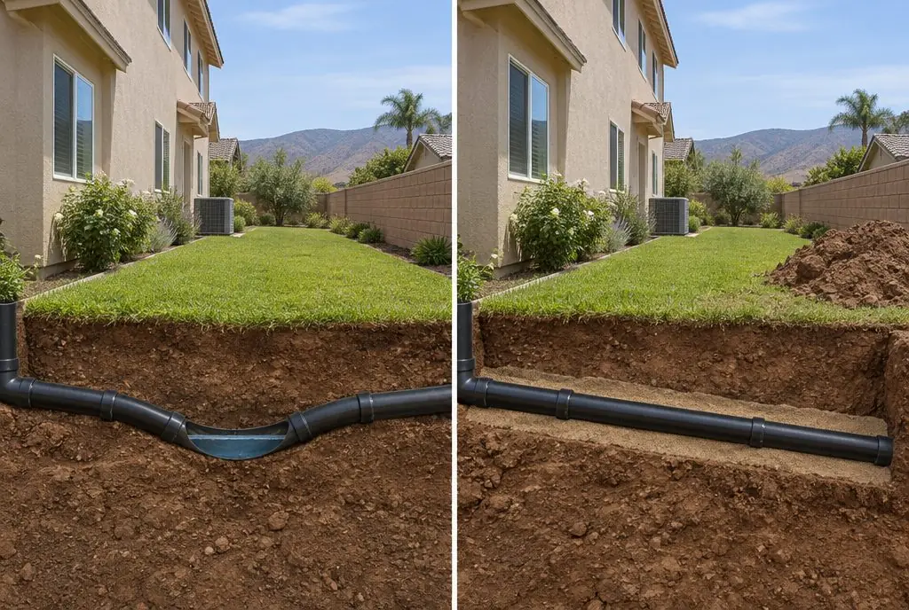 Illustration: split view of a Valencia side yard, a lawn over a cutaway black ABS pipe dipping in a sag with standing water on the left and a short open trench with the same pipe re-laid straight on sand bedding on the right