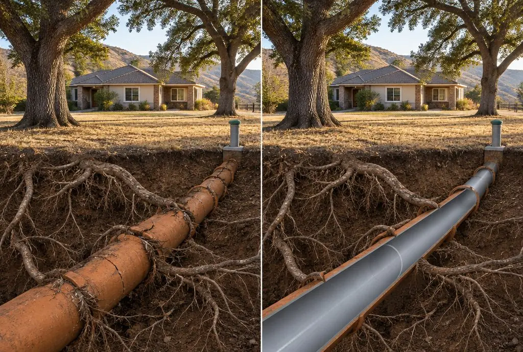 Illustration: split view of a long Sand Canyon front yard with mature oak trees, a cutaway clay pipe with roots and cracks running past the oaks on the left and the same pipe with a continuous gray liner inside and the yard undisturbed on the right