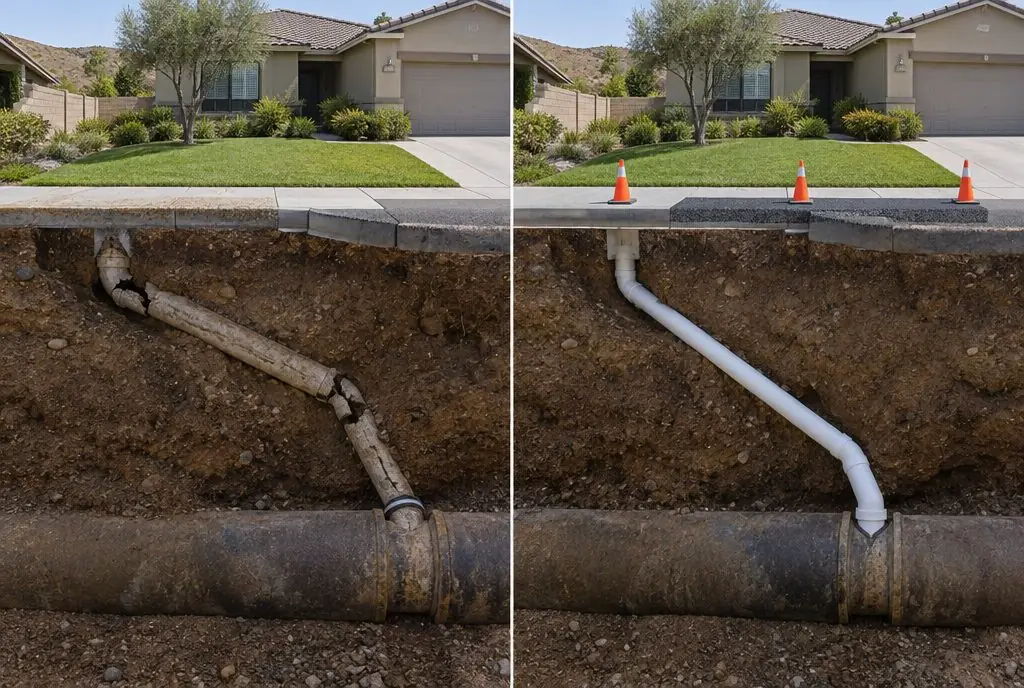 Illustration: split view of a cross-section from a front yard under a curb and street to a sewer main, a broken old lateral under the yard and street on the left and a new lateral connected to the main with traffic cones and a patched street trench on the right