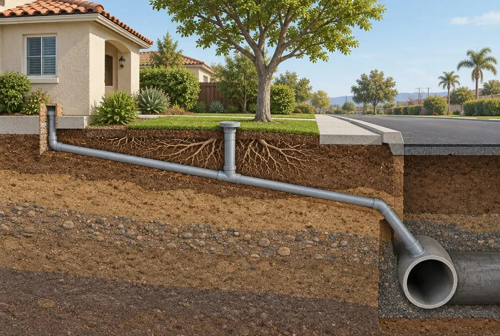 Illustration: a cutaway of a front yard showing a sewer lateral running from a stucco house past a two-way cleanout to the main under the street