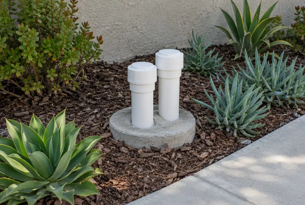 Illustration: a two-way sewer cleanout with two capped risers set in a small concrete collar in a front-yard planter bed