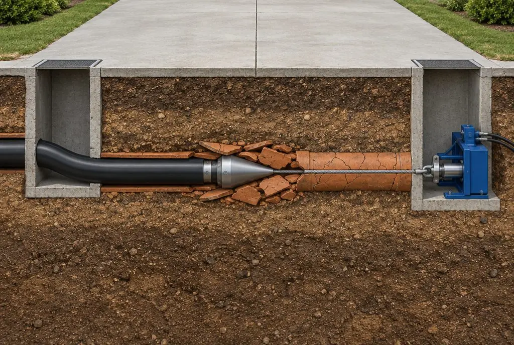 Illustration: a cutaway of a driveway with a bursting head pulling new black HDPE pipe through an old clay sewer line between two small access pits